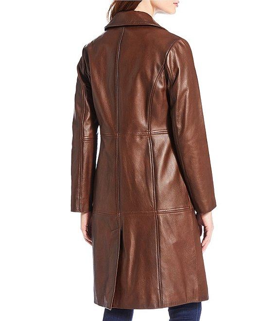 Katherine Kelly Genuine Lamb Leather Notch Collar Button Front Coat Product Image