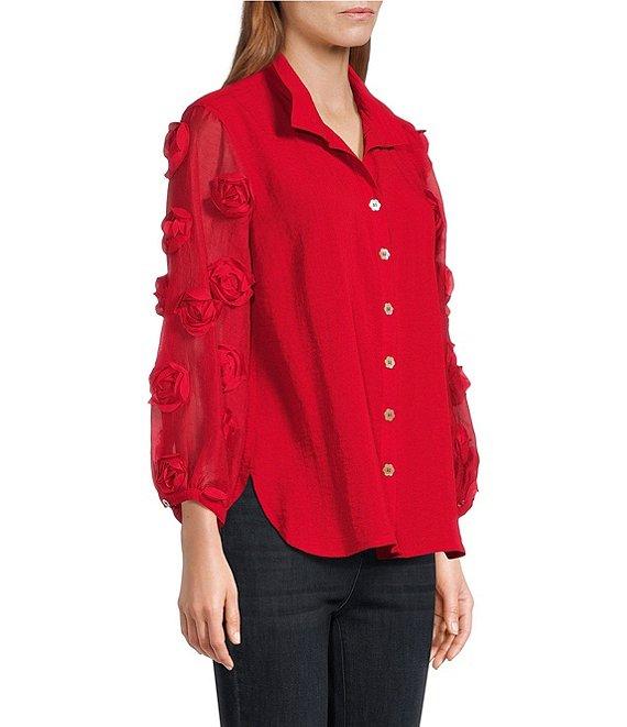 John Mark Petite Size Woven Wire Collar Sheer 3/4 3D Rosette Sleeve Button Front Blouse Product Image