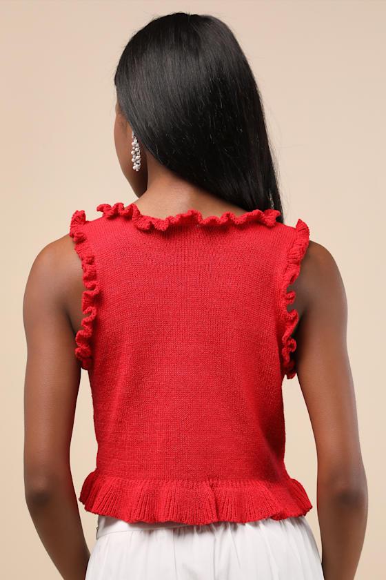 Smiling Sweetie Bright Red Knit Ruffled Sleeveless Sweater Top Product Image