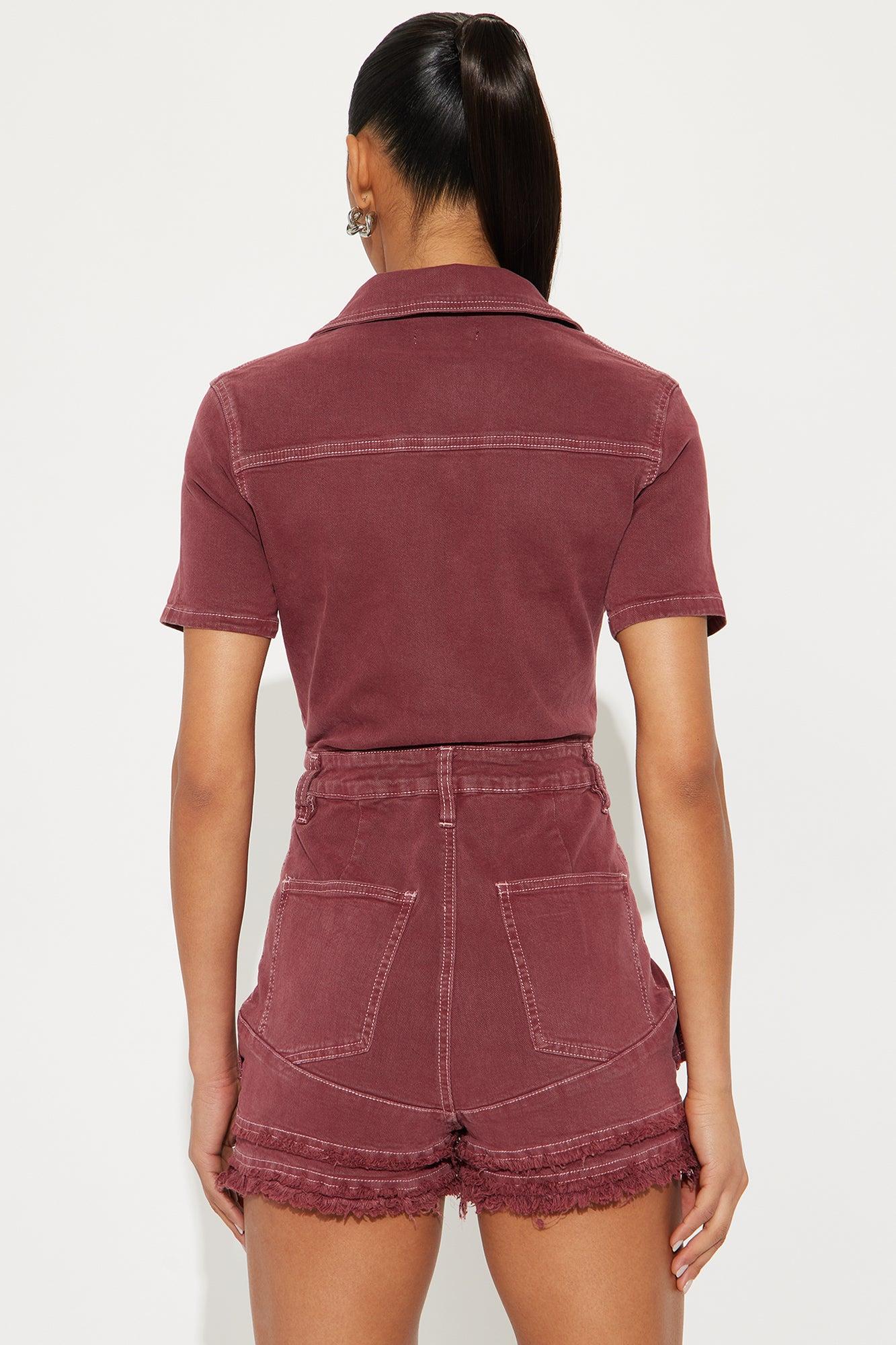 Clara Washed Denim Short Sleeve Romper - Marsala Product Image