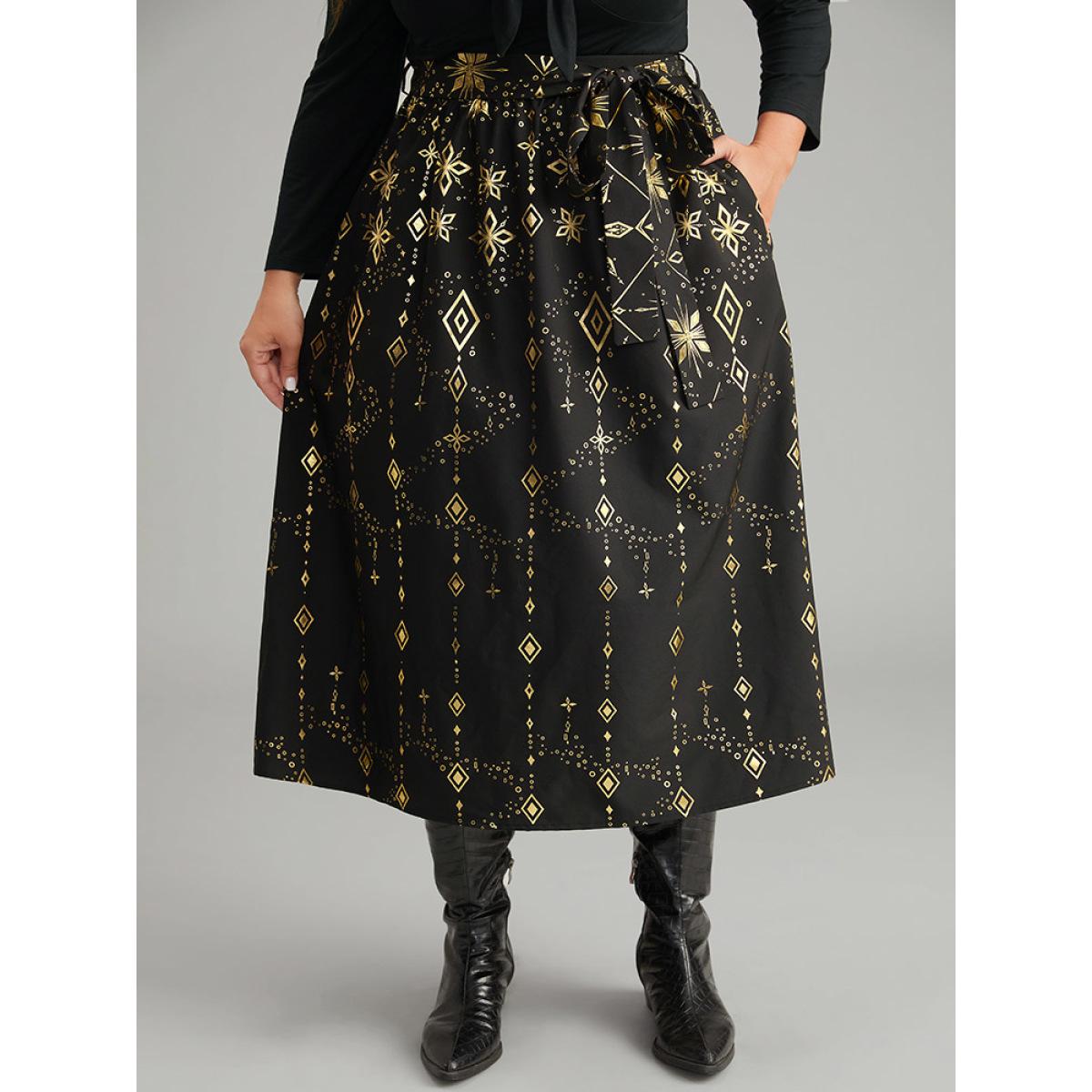 Plus Size Halloween Glitter Geometric Belted Pocket Skirt Women Black Elegant A-line No stretch Pocket Belt Festival-Halloween Skirts BloomChic 22-24/3X Product Image