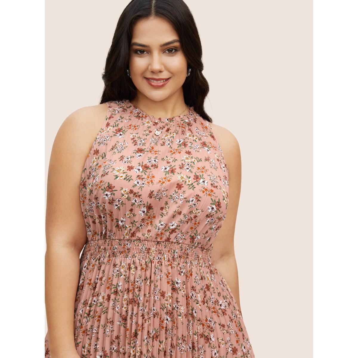Plus Size Ditsy Floral Pleated Frill Trim Sleeveless Dress Crepe Women Elegant Frill Trim Mock Neck Sleeveless Curvy BloomChic 18-20/2X Product Image