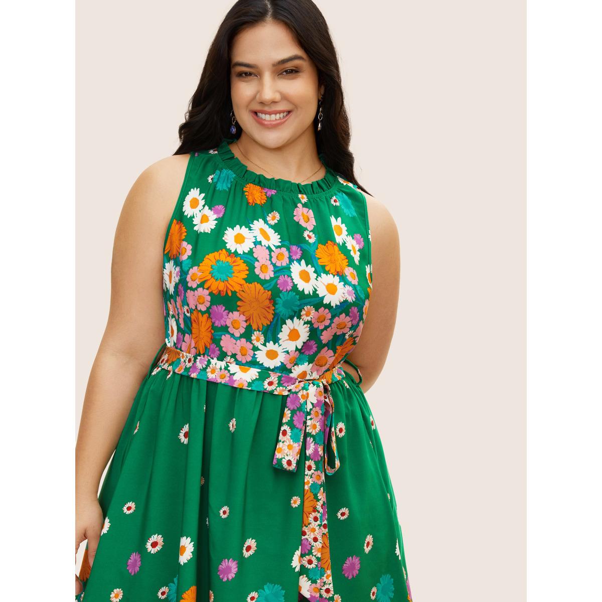 Plus Size Boho Print Frill Trim Sleeveless Midi Dress Truegreen Women Elegant Gathered Round Neck Sleeveless Curvy BloomChic 12/L Product Image