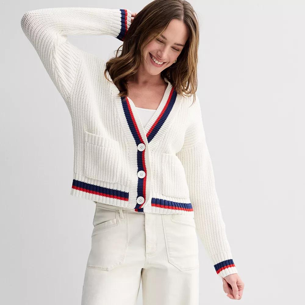 Women's Sonoma Goods For Life® Button-Front Pocket Cardigan, Size: Medium, Ivory Red Blue Tipping Product Image