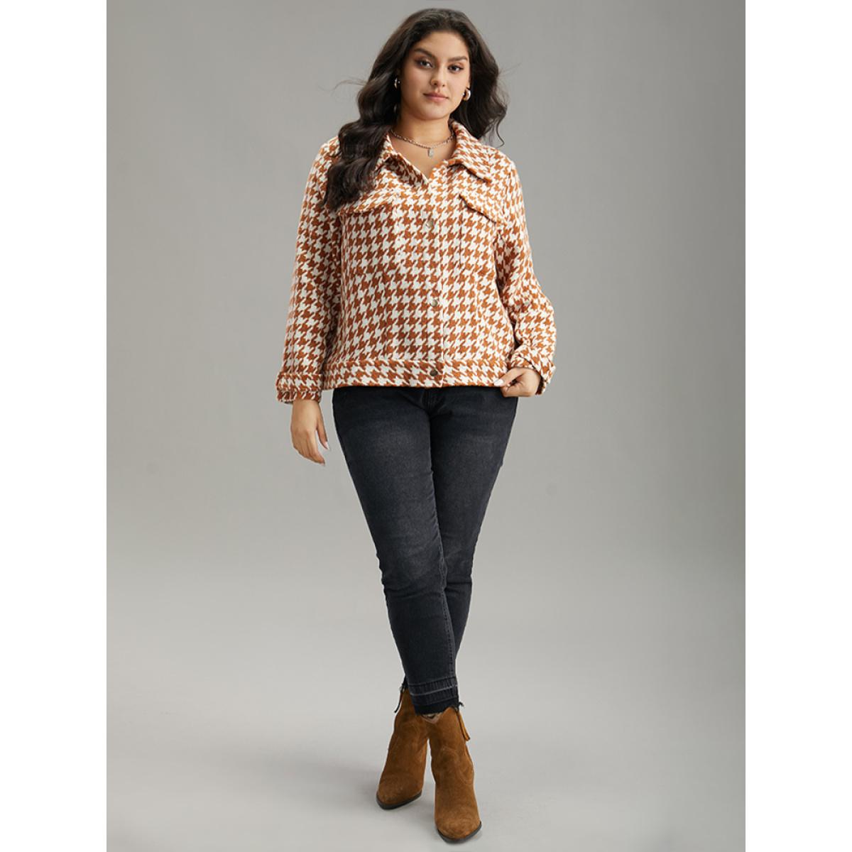 Plus Size Houndstooth Lapel Collar Flap Detail Coat Women Chocolate Casual Contrast Ladies Dailywear Winter Coats BloomChic 26/4X Product Image