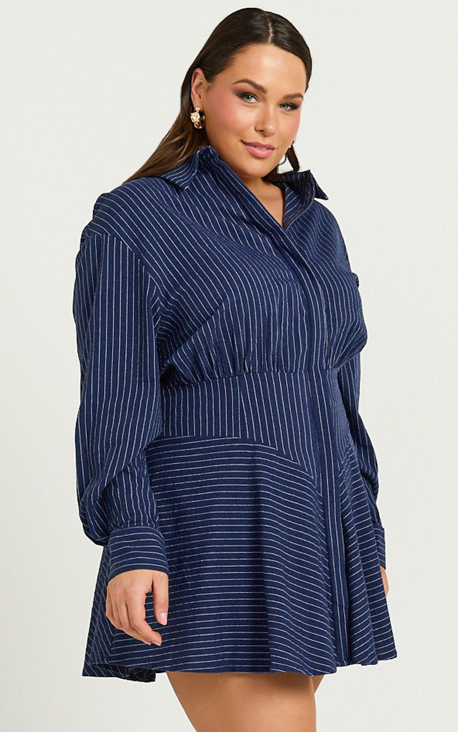 Whitney Mini Dress - Linen Long Sleeve Shirt Dress in Navy Product Image