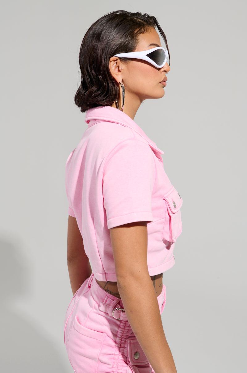 WORK FOR IT MINERAL WASHED CROPPED BUTTON DOWN IN PINK Product Image