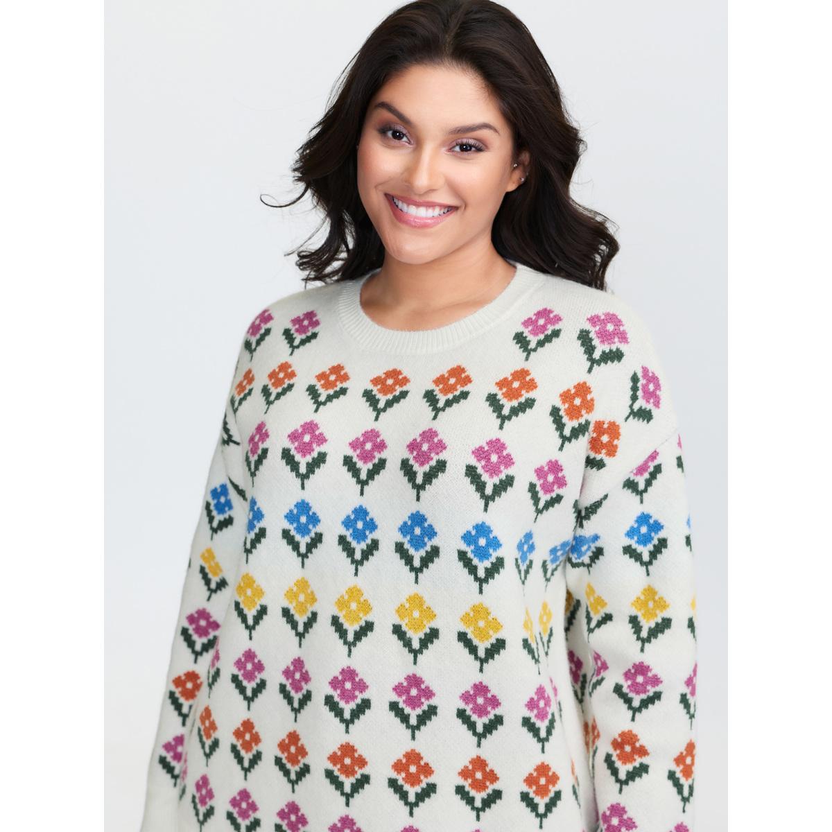 Plus Size Multicolor Jacquard Pattern Pullover Ivory Women Playful Loose Long Sleeve Round Neck Casual Pullovers BloomChic 12/L Product Image