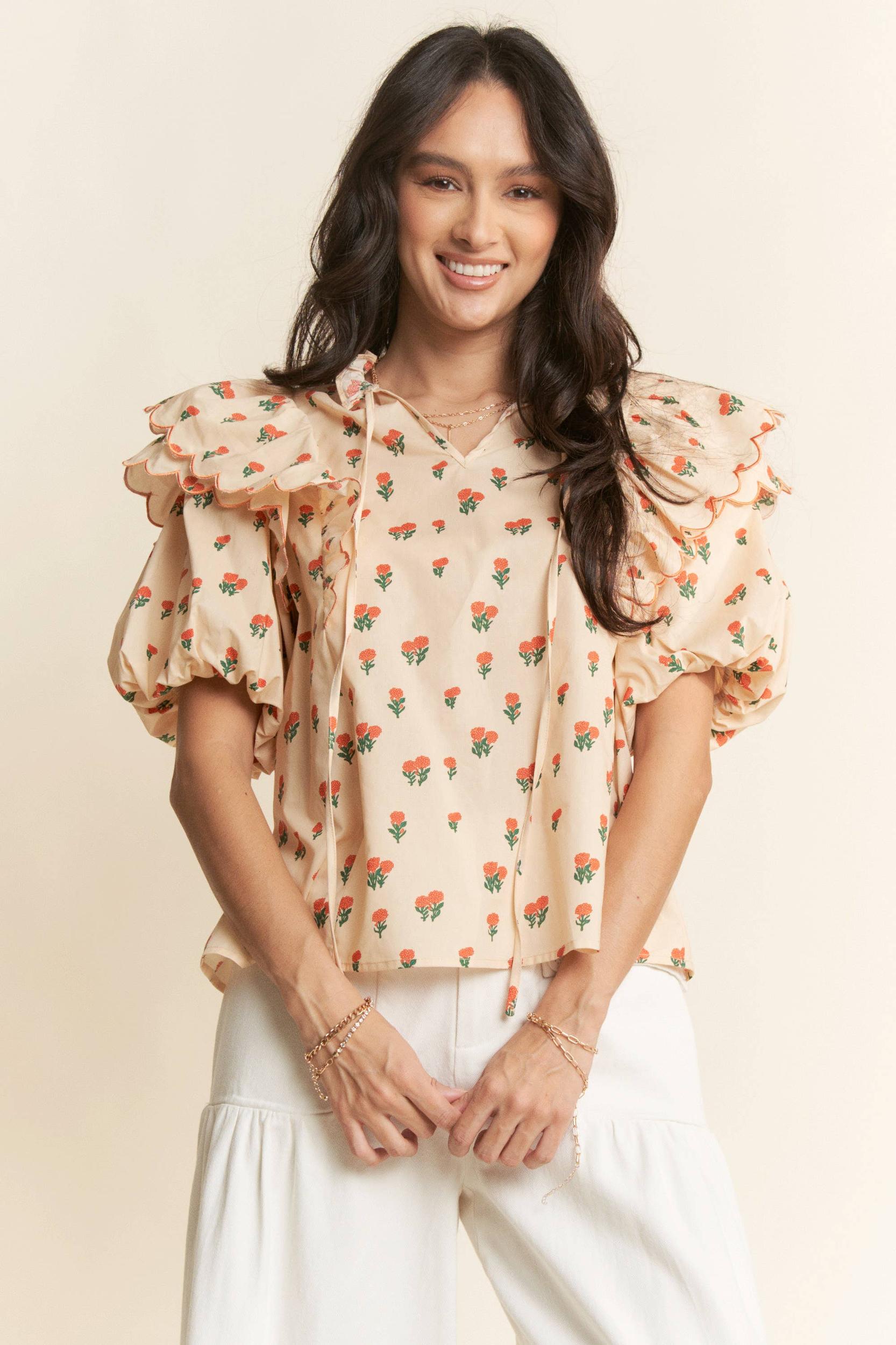 CONTRAST EDGE RUFFLE PUFF SLEEVE BLOUSE TOP: MOCHA BROWN Product Image
