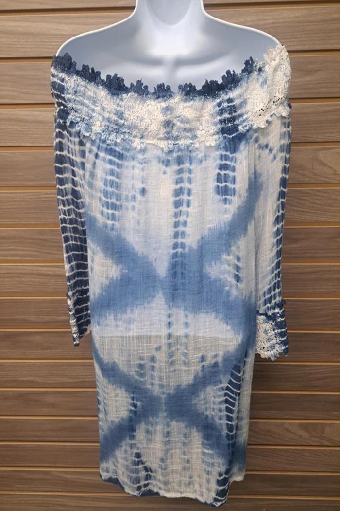 Off Shoulder Blue Tie Dye Tunic Product Image