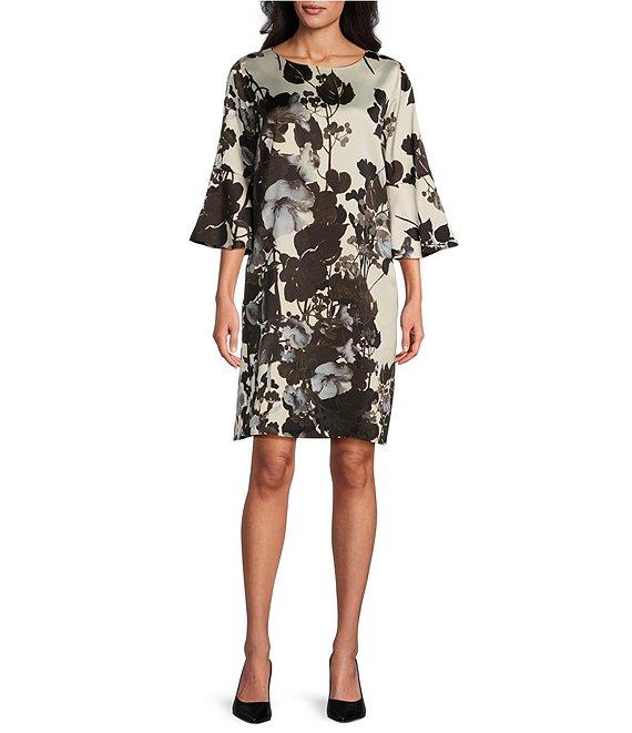 Caroline Rose Bella Woven Crepe Fall Floral Print Scoop Neck 3/4 Bell Sleeve A-Line Dress Product Image