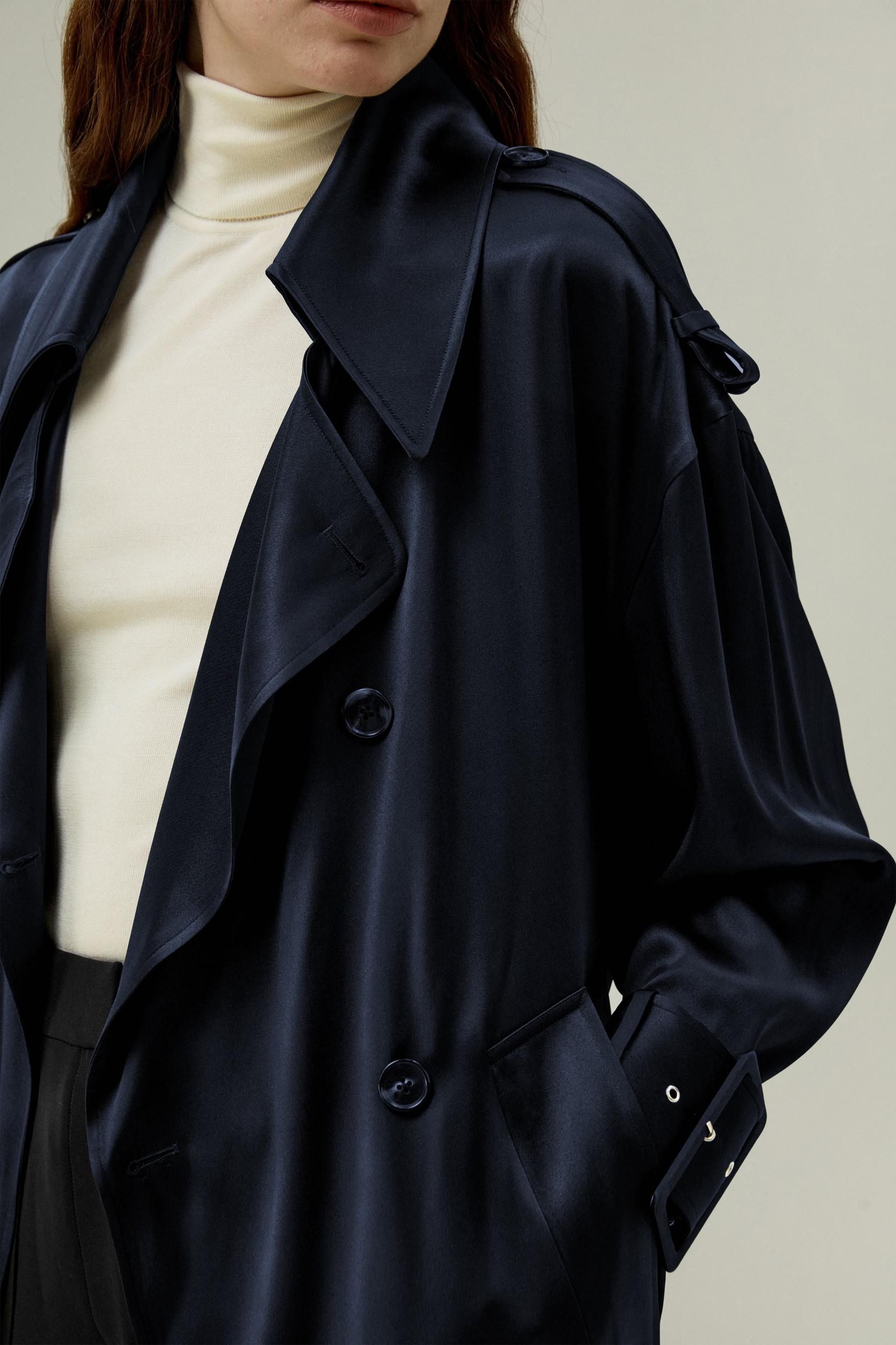 LILYSILK Womens Silk Trench - Midnight Blue 100% Silk - Comfort Relaxed Drop-Shoulder Outerwear M Product Image