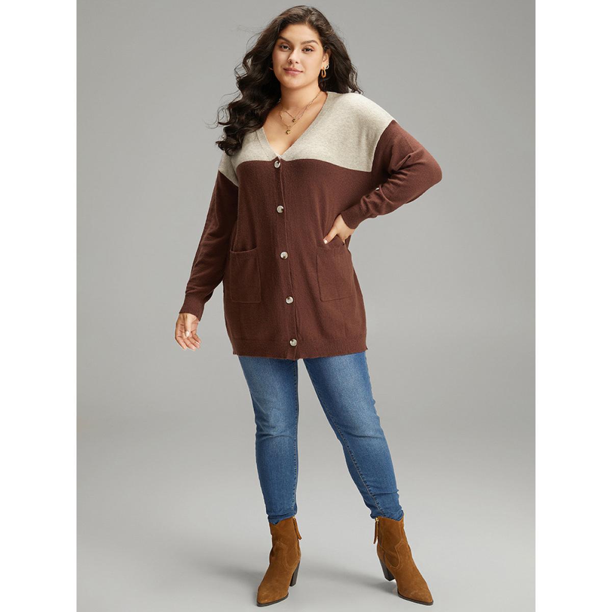 Plus Size Supersoft Essentials Anti-Pilling Contrast Button Up Pullover Brown Women Casual Loose Long Sleeve Dailywear Cardigans BloomChic 18-20/2X Product Image