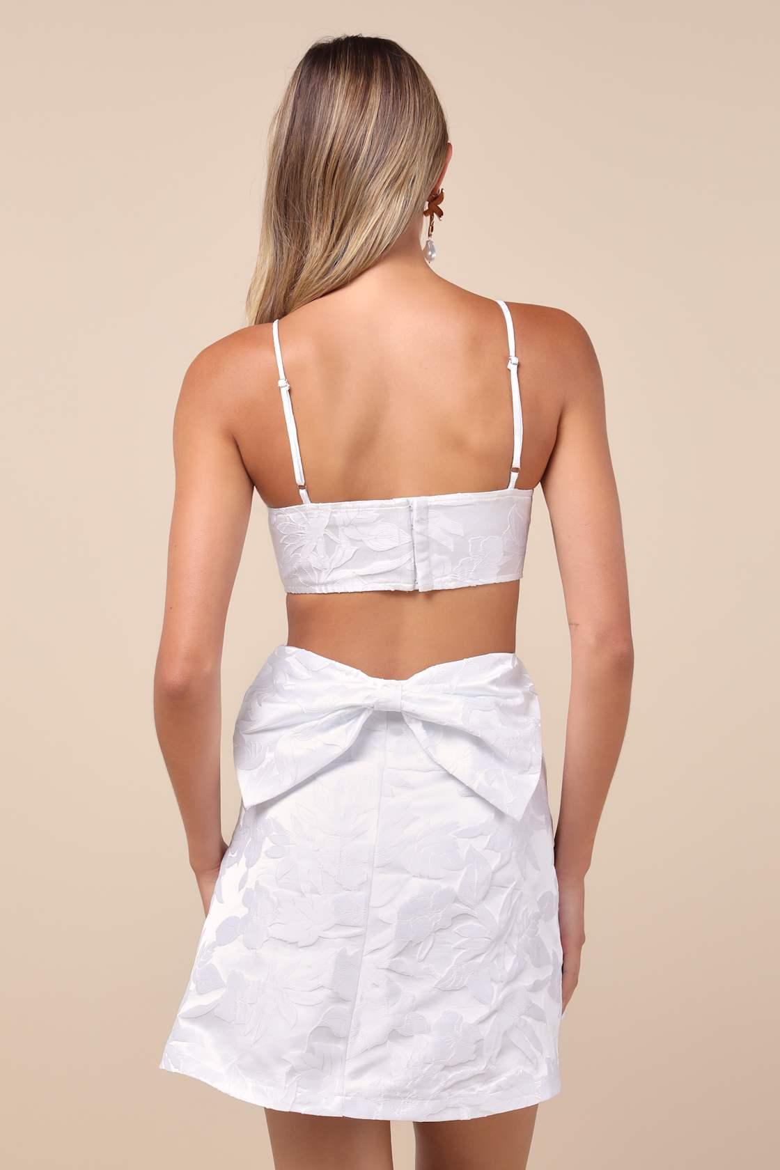 Pristinely Pretty White Jacquard Cutout Bow Mini Dress Product Image