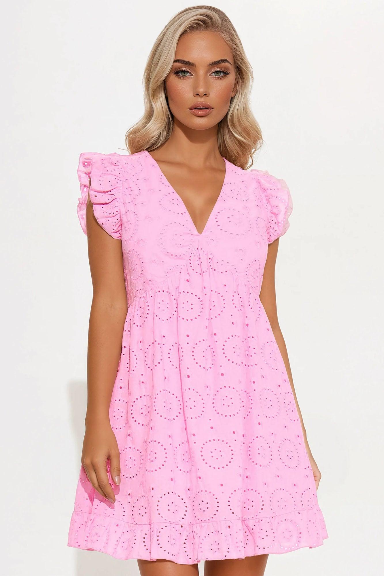 Stella Eyelet Mini Dress - Pink Product Image