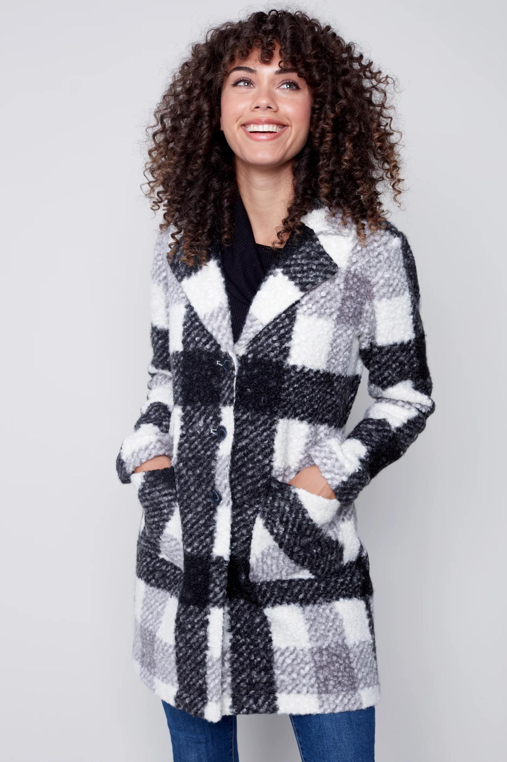 Black & Cream Plaid Boucle Coat Product Image