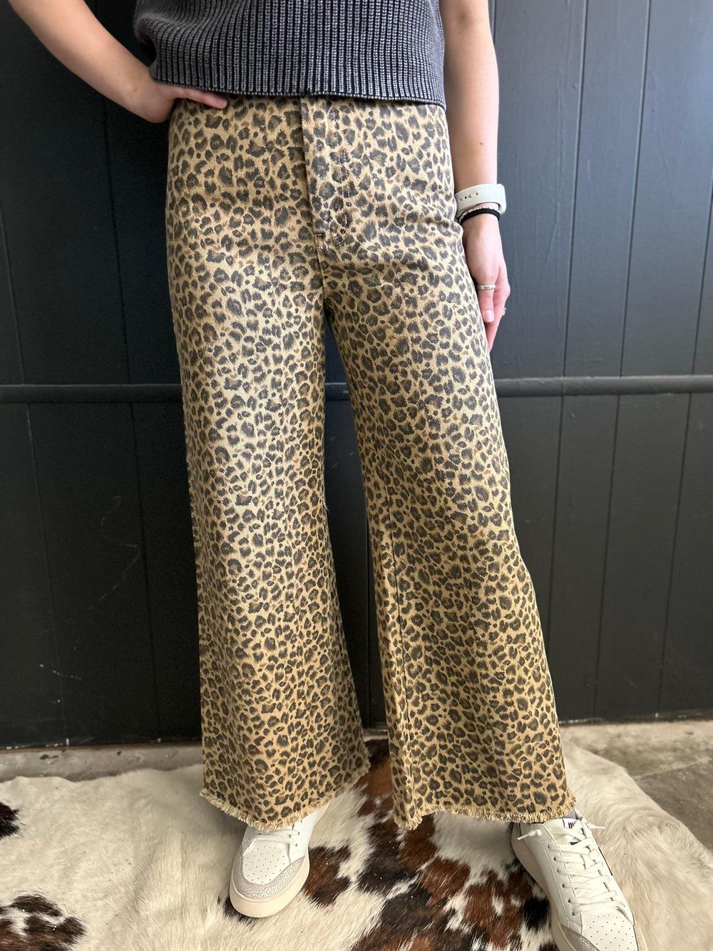 High Rise Leopard Twill Frayed Hem Wide Leg Pants Product Image
