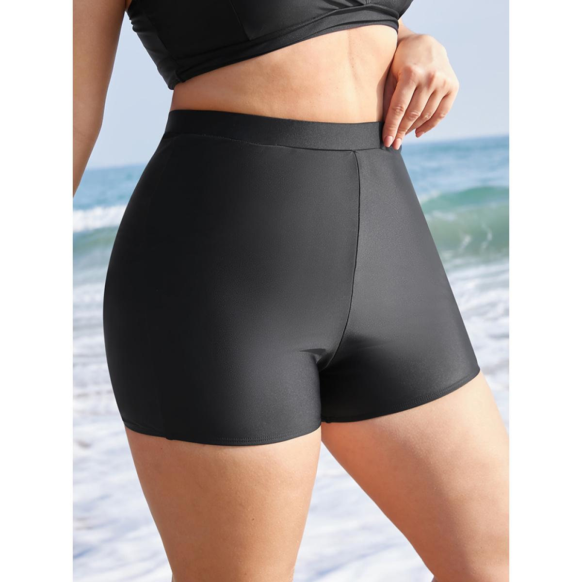 Plus Size Plain Elastic Waist Swim Shorts Women's Swimwear Black Beach Non High stretch Skinny High Rise Curve Swim Bottoms BloomChic 22-24/3X Product Image