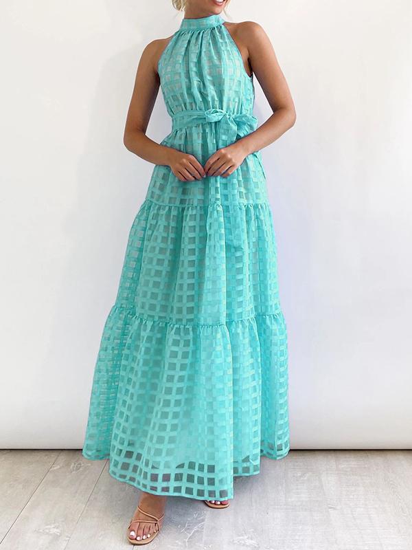 Loose Sleeveless Plaid Ribbed Stand Collar Maxi Dresses Product Image