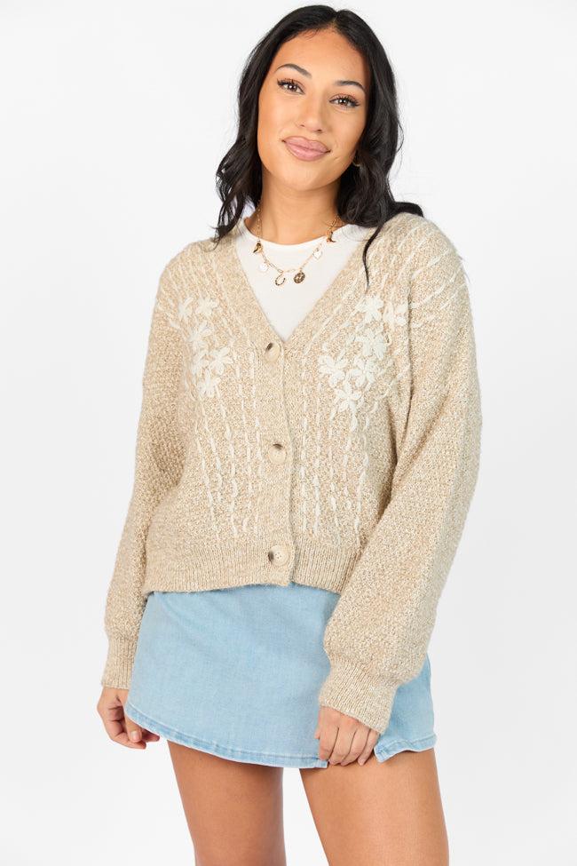 Countryside Charm Taupe Floral Embroidered Cardigan FINAL SALE Product Image