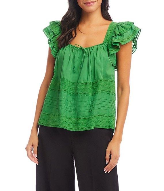 Karen Kane Embroidered Square Neck Short Ruffle Sleeve Blouse Product Image
