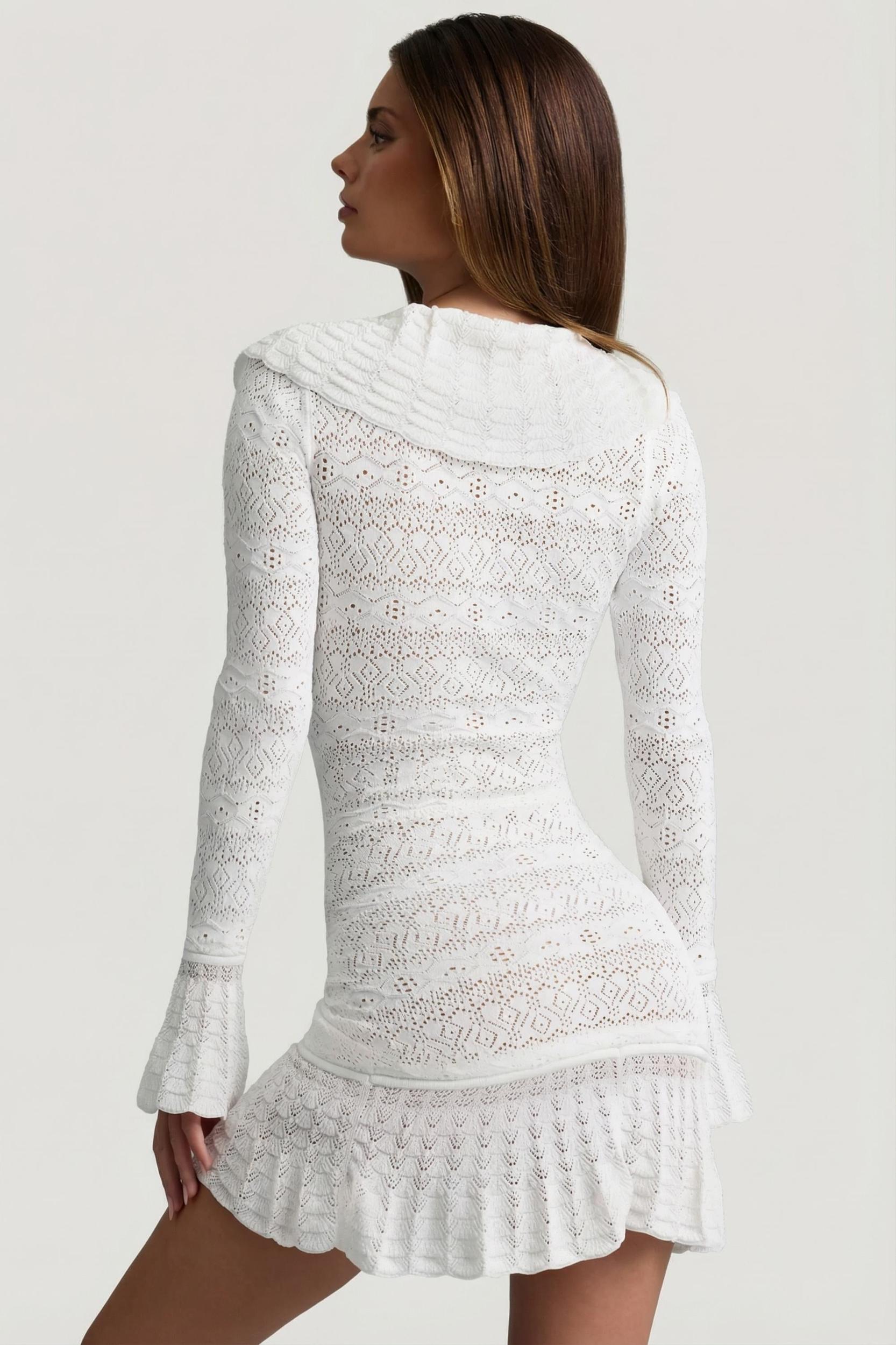 Ruffle-Trim Pointelle-Knit Mini Dress in White Product Image