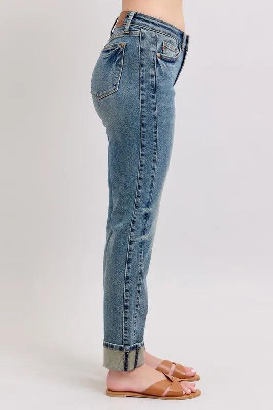 88946   Alina Mid-Rise Vintage Wash Double Roll Cuff Boyfriend Judy Blue Jeans Product Image