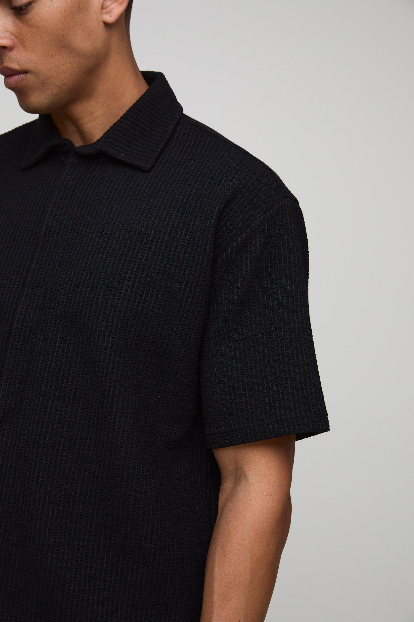 Oversized Two-Tone Ribbed Jersey Concealed Placket Shirt | boohooMAN USA Product Image