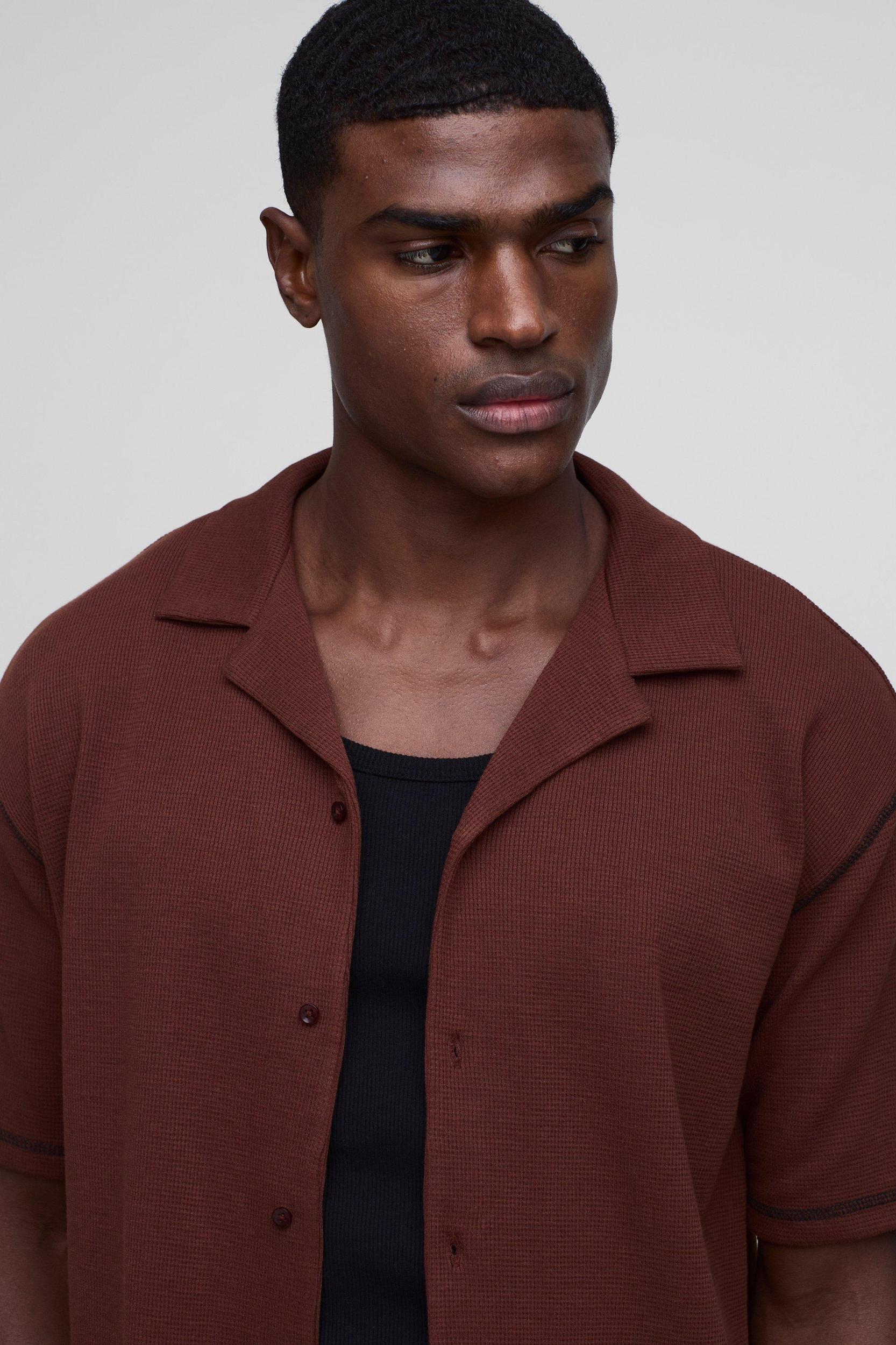 Waffle Contrast Stitch Oversized Revere Shirt | boohooMAN USA Product Image