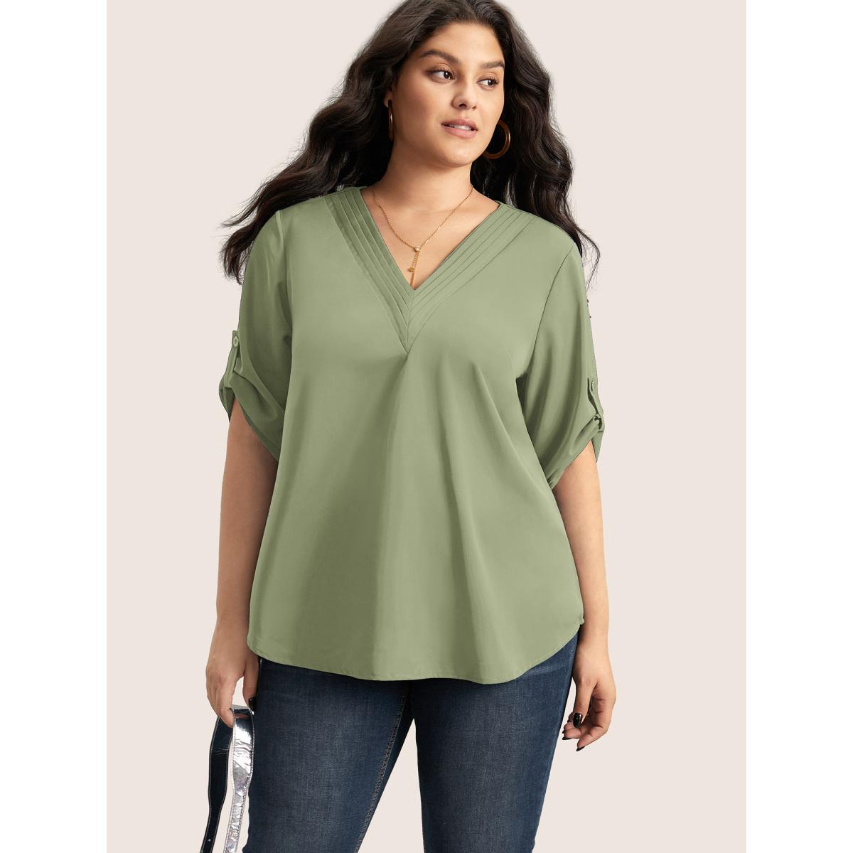 Plus Size Sage V Neck Plain Pleated Tab Sleeve Blouse Women At the Office Elbow-length sleeve V-neck Work Blouses BloomChic 14-16/1X Product Image