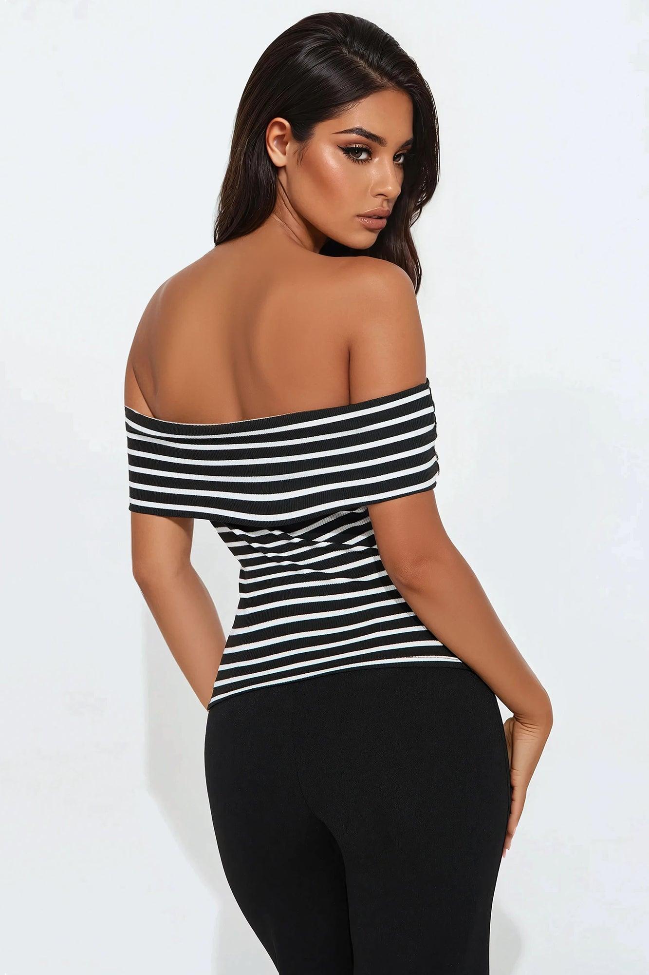 Arianna Off Shoulder Striped Crop Top - Black/White Product Image