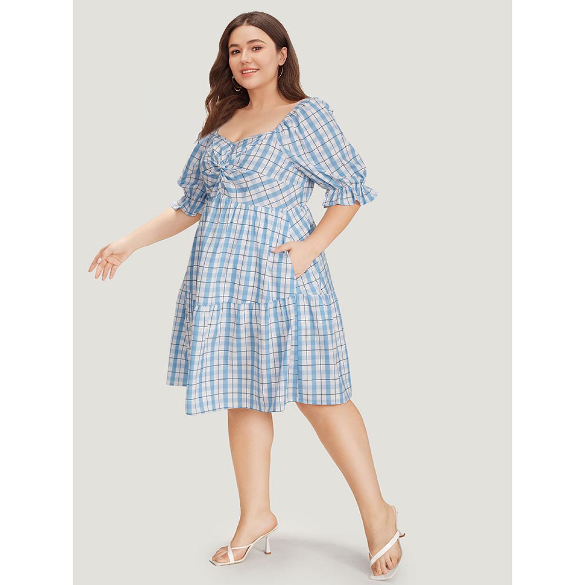 Plus Size Twist Front Square Neck Ruffle Layered Hem Bell Sleeve Dress LightBlue Women Elegant Square Neck Short sleeve Curvy Knee Dress BloomChic 18-20/2X Product Image