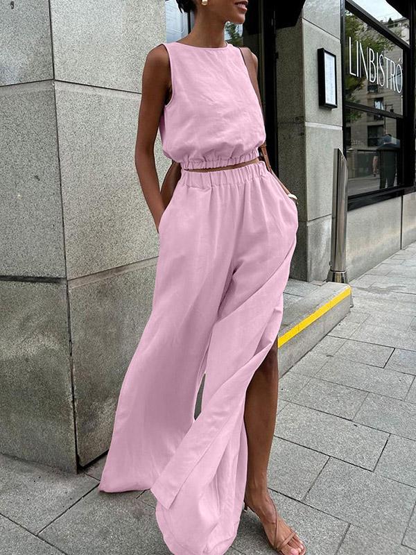 Loose Elasticity Solid Color Split-Joint Round-Neck Vest + High Waisted Split-Side Pants Two Pieces Set Product Image