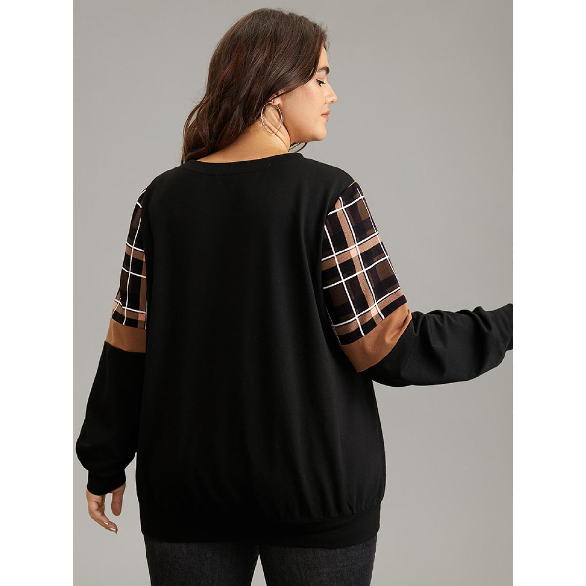 Plus Size Colorblock Plaid Contrast Crew Neck Sweatshirt Women Black Casual Contrast Round Neck Dailywear Sweatshirts BloomChic 26/4X Product Image