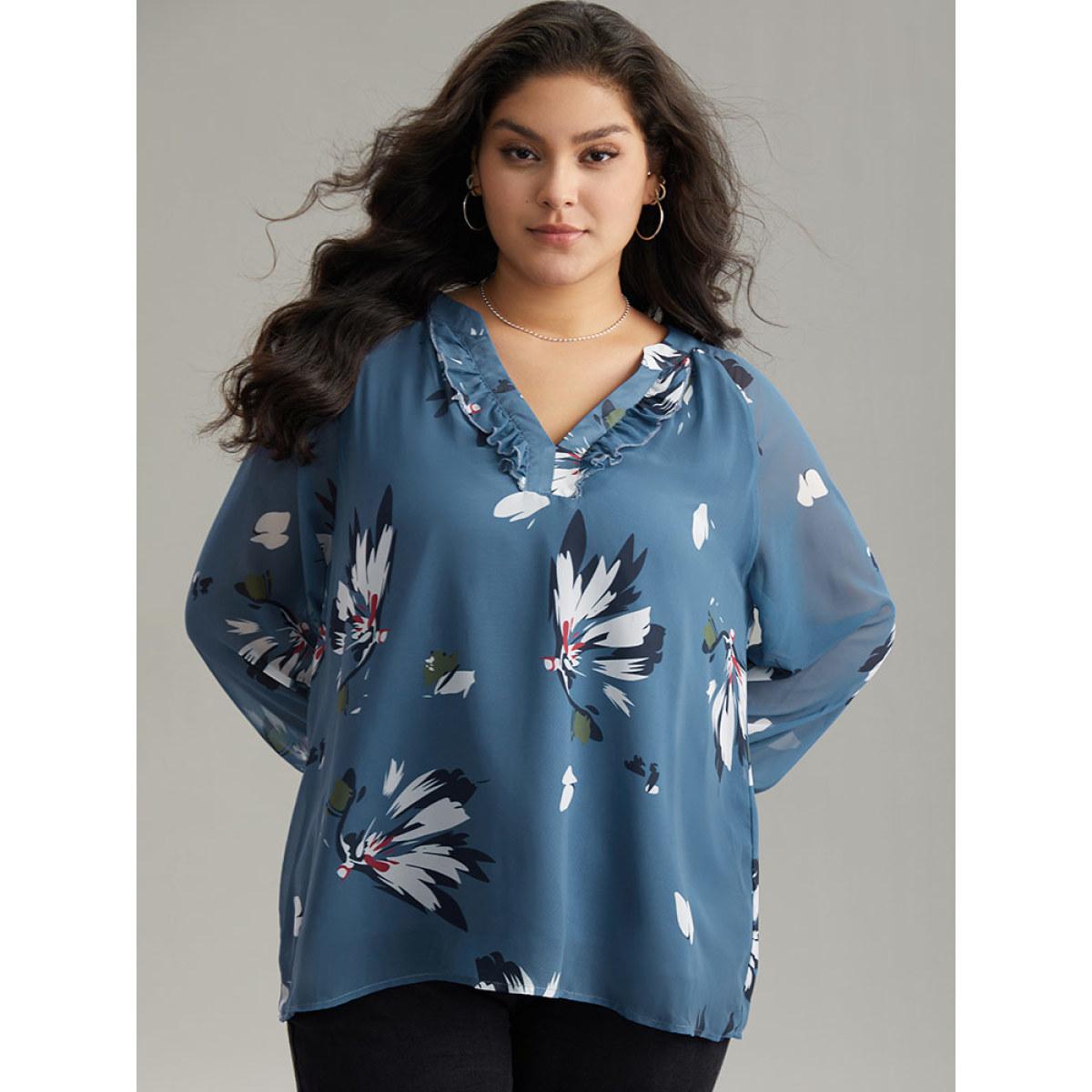 Plus Size Cerulean Floral Print Shirred Ruffles Mesh Blouse Women Elegant Long Sleeve V-neck Dailywear Blouses BloomChic 14-16/1X Product Image