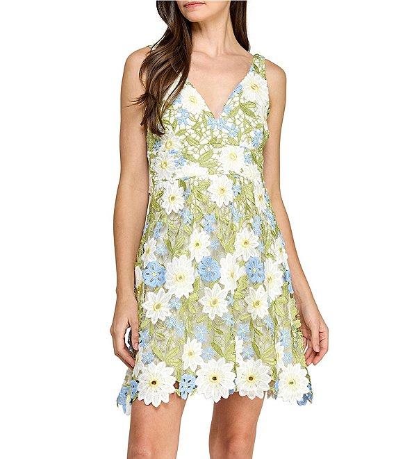 Layered With Love Gabriella 3D Floral Lace V Neck Sleeveless A-Line Mini Dress Product Image