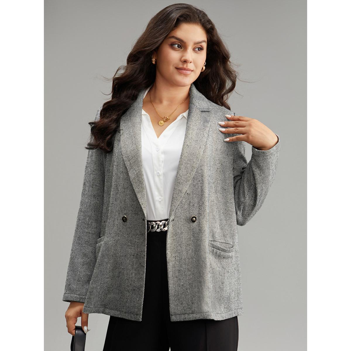 Plus Size Geo Striped Patched Pocket Button Down Blazer Gray Women Office Geometric Texture Sleeve Long Sleeve Suit Collar 28/5X Pocket Office Blazers BloomChic Product Image