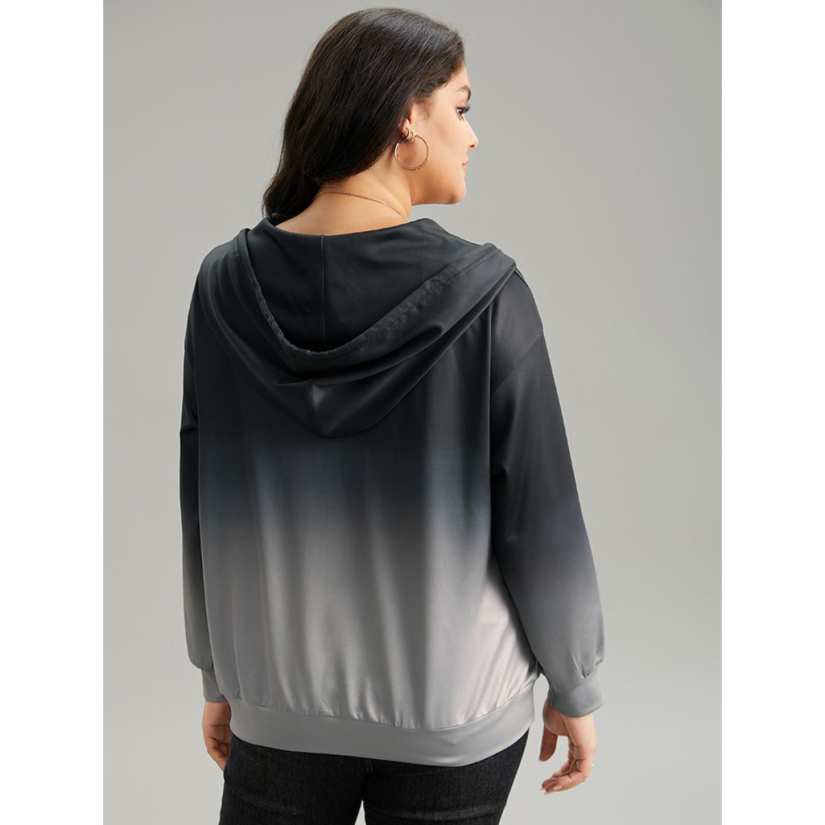 Plus Size Ombre Contrast Zipper Pocket Drawstring Jacket Women Gray Contrast Pocket Dailywear Jackets BloomChic 18-20/2X Product Image