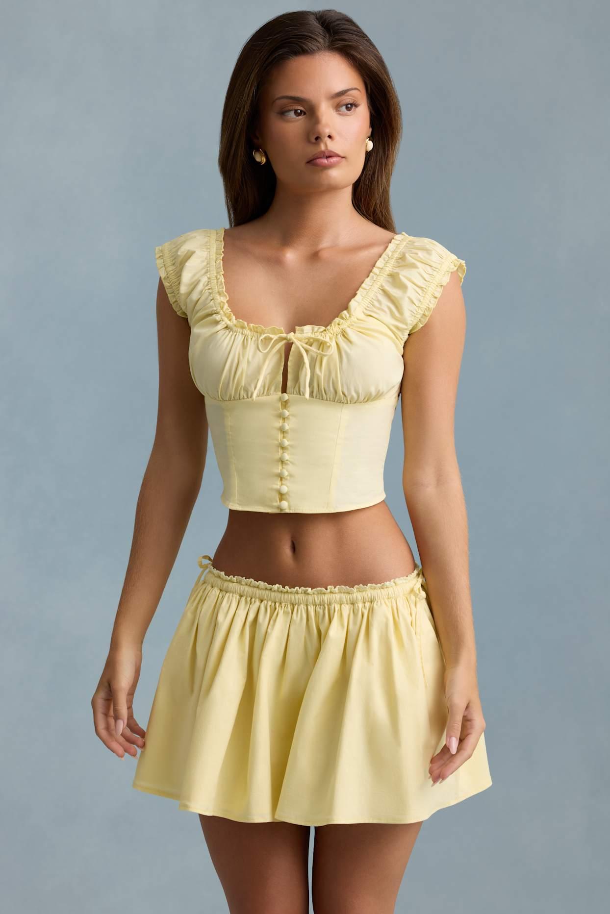 Ruched Cotton-Poplin Mini Skirt in Lemon Yellow Product Image