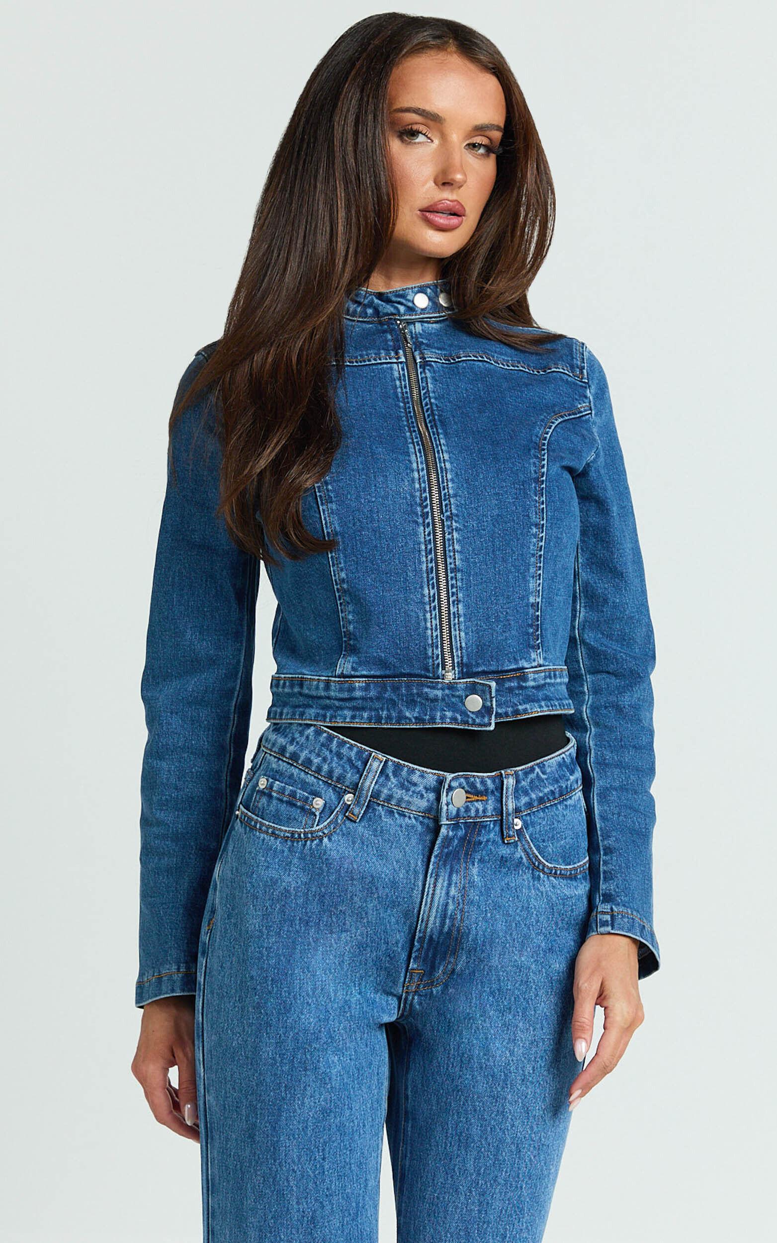 Pamela Jacket - Denim Biker Detail Long Sleeve Jacket in Dark Blue Wash Product Image