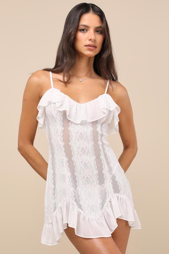 Trinity White Sheer Lace Ruffled Lingerie Slip Product Image