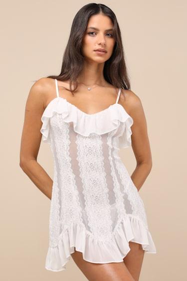 Trinity White Sheer Lace Ruffled Lingerie Slip Product Image