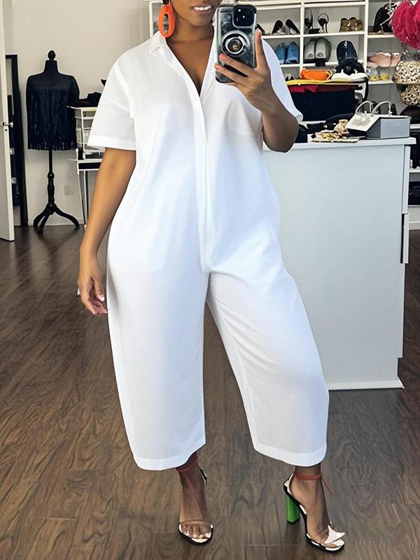 Loose Short Sleeves Buttoned Solid Color Lapel Jumpsuits Product Image