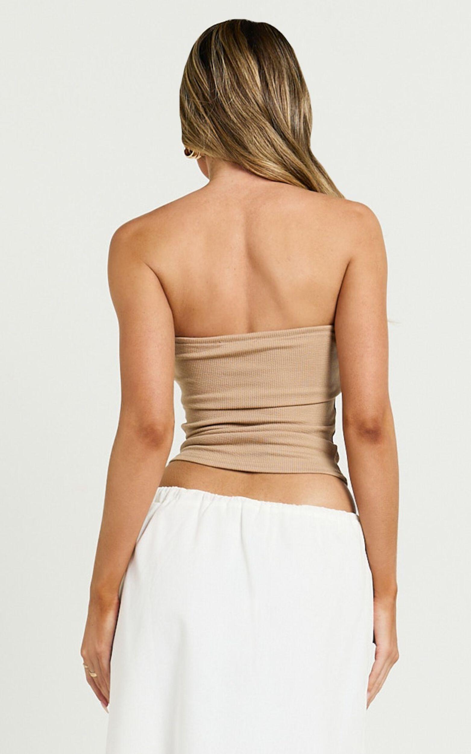 Jelena Top - Jersey Strapless Twist Front Top in Tan Product Image