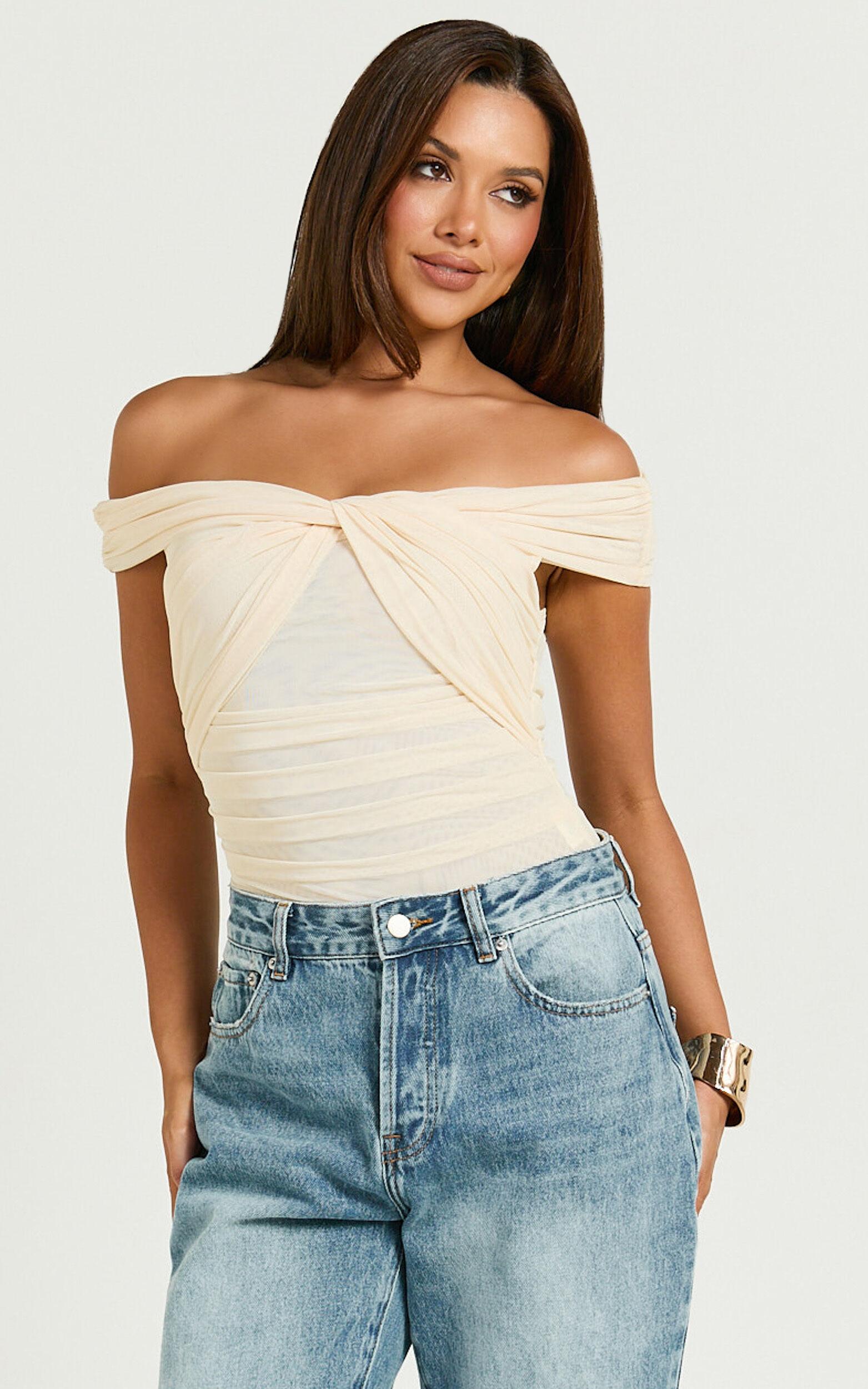Carina Bodysuit - Twist Front Off Shoulder Mesh Bodysuit in Cream Product Image