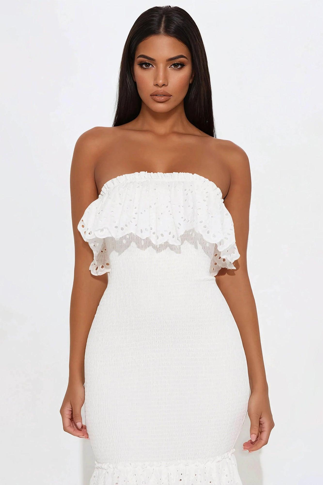Callie Smocked Eyelet Midi Dress - White Product Image