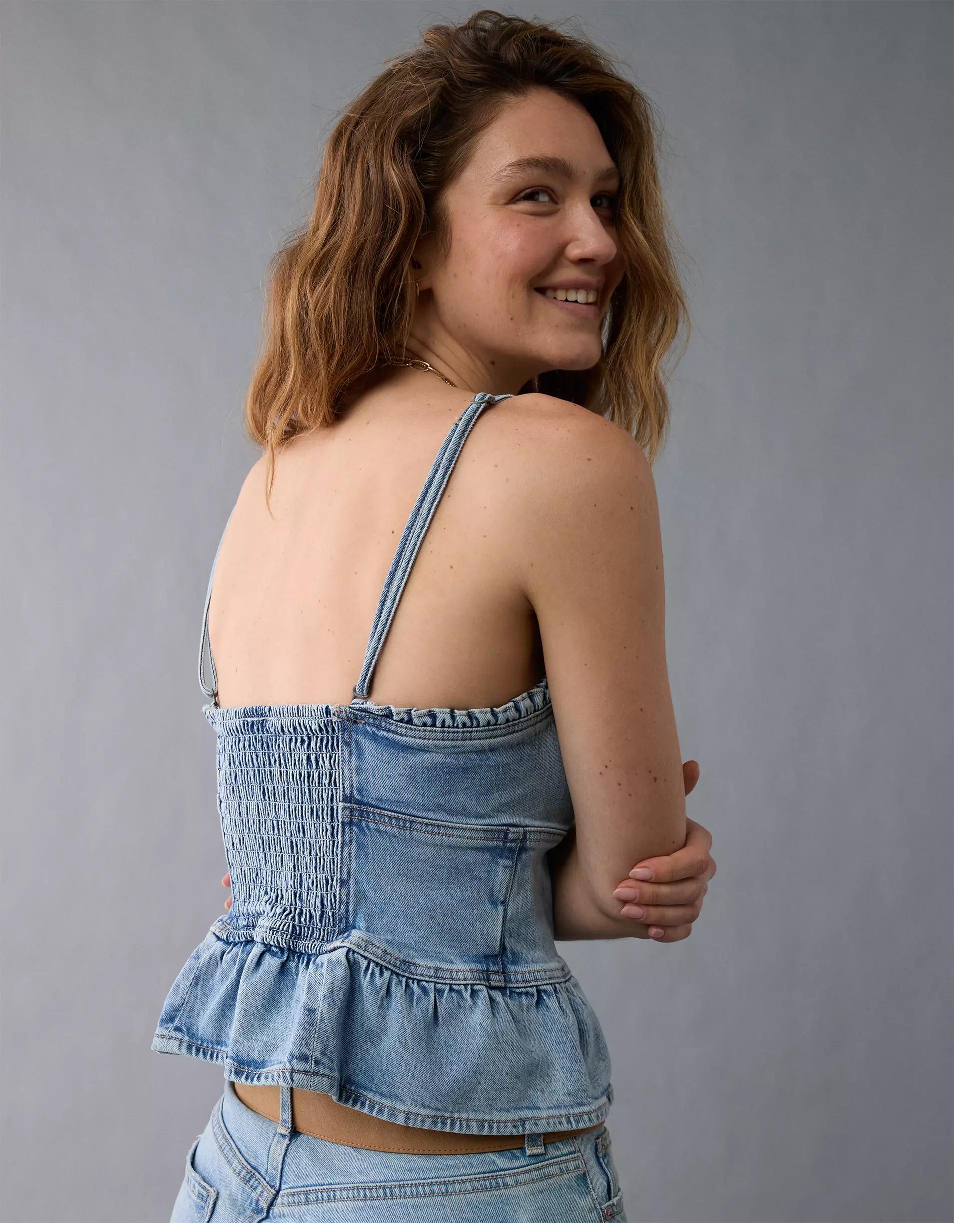 AE Denim Strapless Peplum Shirt Product Image