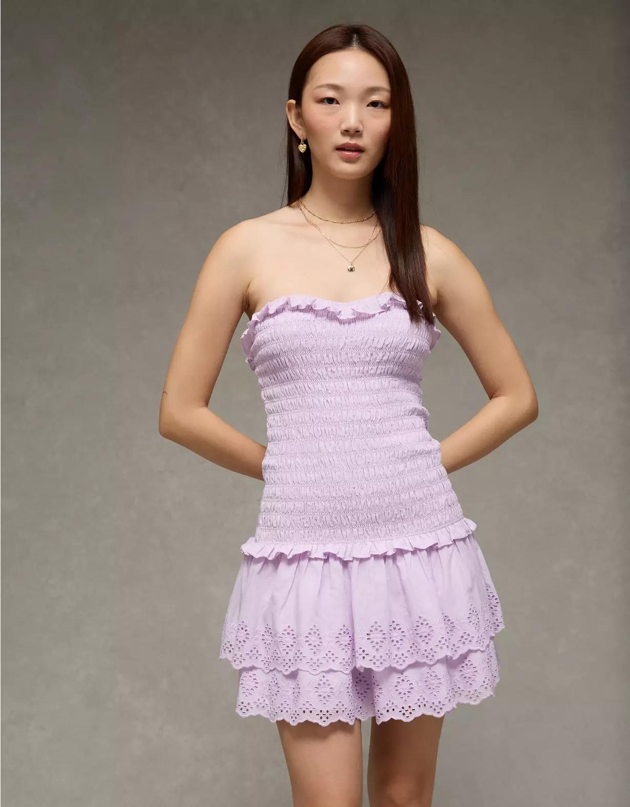 AE Strapless Smocked Ruffle Drop Waist Mini Dress Product Image