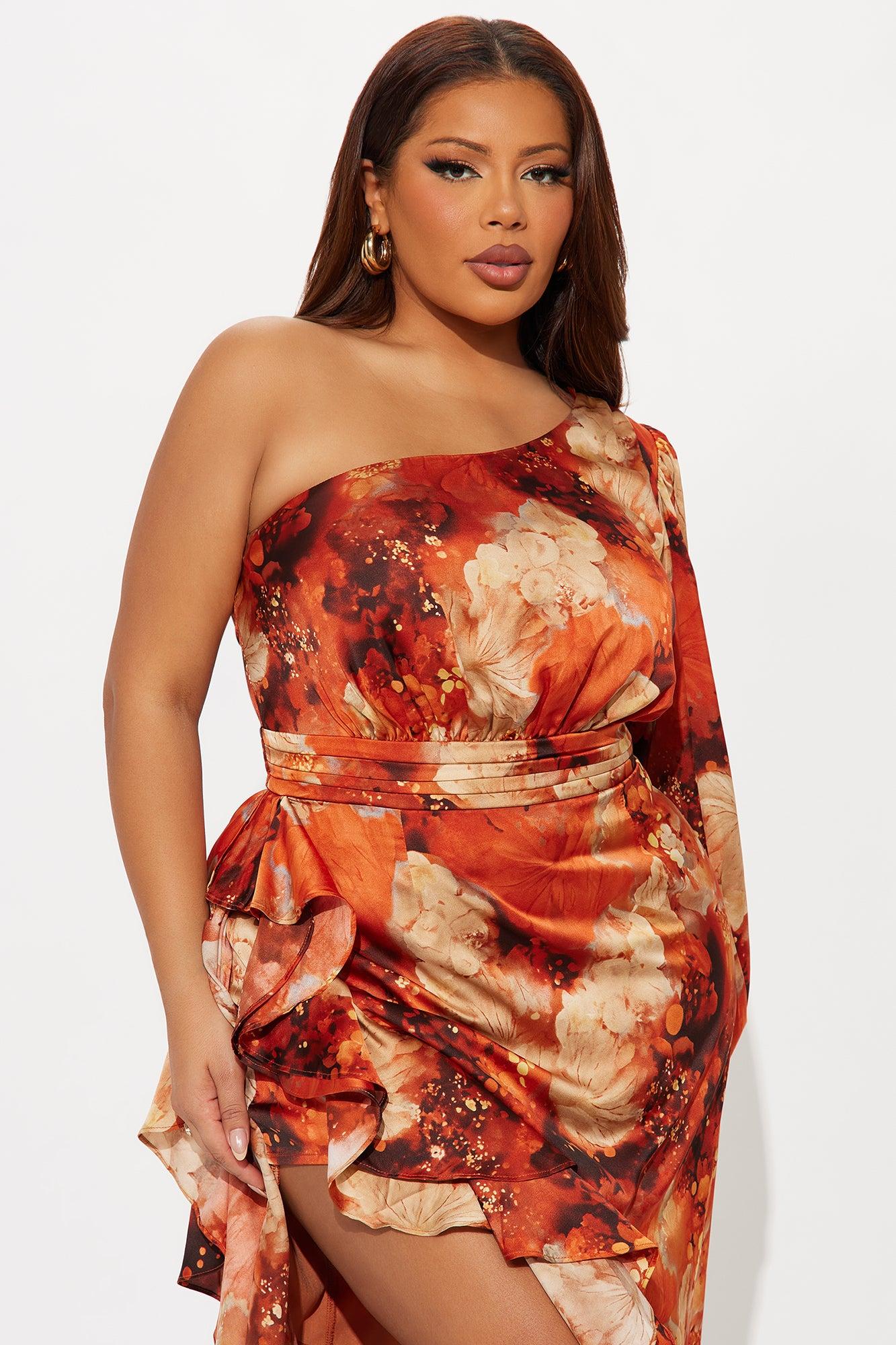 Heidi Satin One Shoulder Ruffle Maxi Dress - Cognac Female Product Image