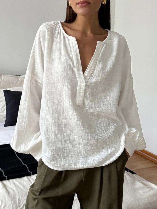 Loose Puff Sleeves Pleated Solid Color Split-Joint V-Neck Blouses&Shirts Tops Product Image